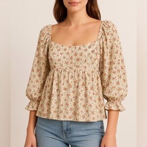 Sweet Lemon Ditsy Floral Peasant Blouse – Square Neck Boho Top Large NWT